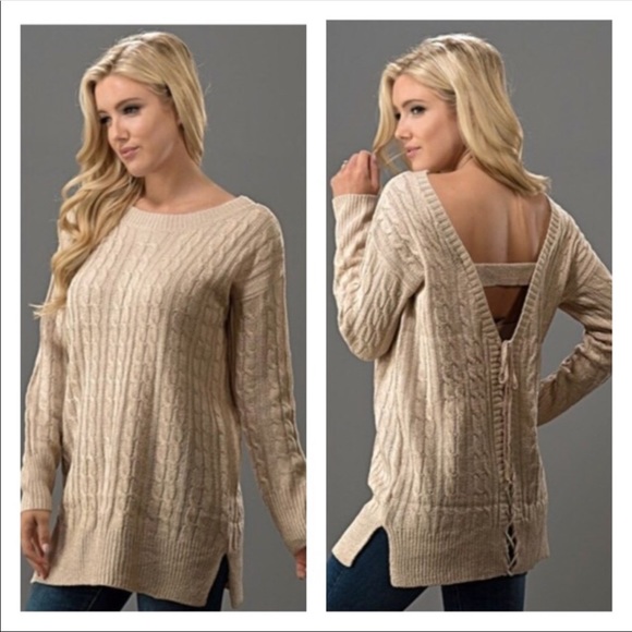 SwankStyles Sweaters - Sand Cable Knit Lace Up Sweater